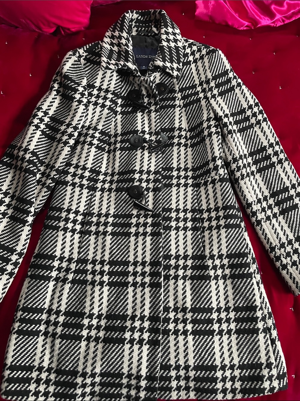 Lands' End Black and White Plaid Toggle Coat